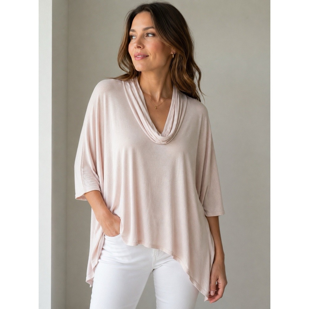 Jennifer Lopez Cowl Neck Sharkbite Hem Tunic Pink elegant casual soft pullover‎
